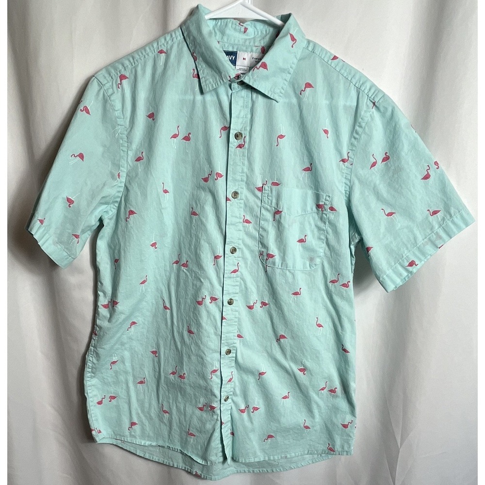 Old Navy Men's‎ Size Medium Mint Green with Pink Flamingos Short Sleeve Shirt
